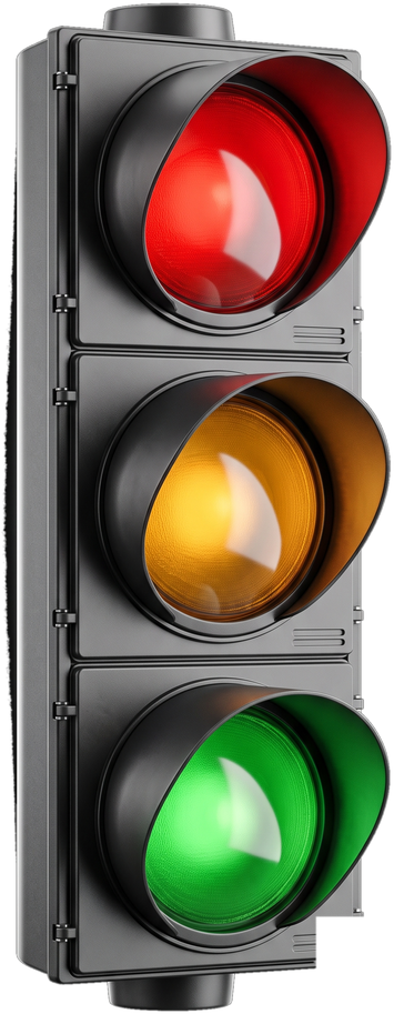 A traffic signal with the red, amber and green lamps all lit at once.